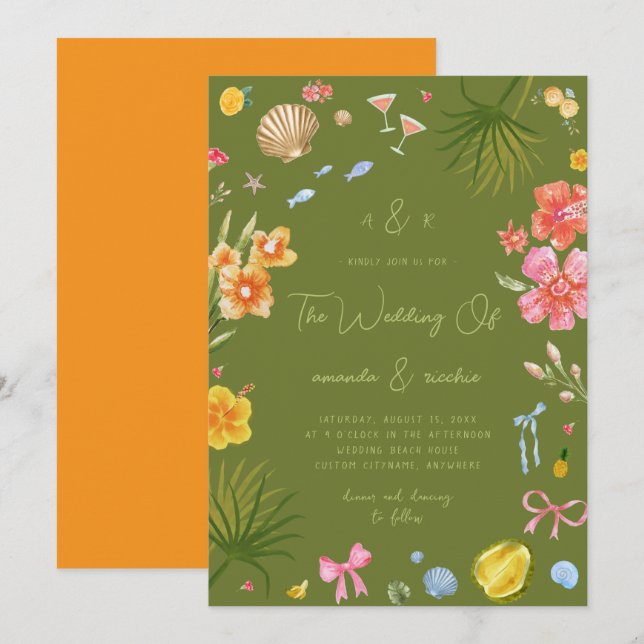 Colorful Tropical Island Whimsical Beach Wedding Einladung (Vorne/Hinten)