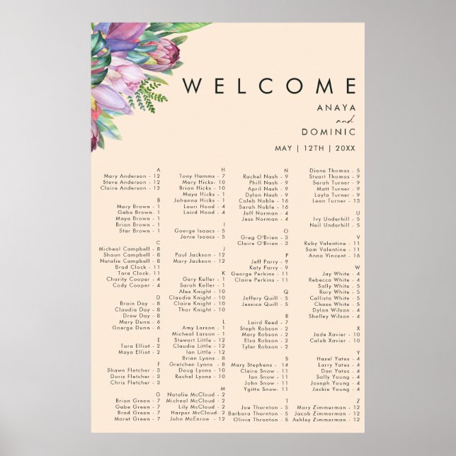 Colorful Tropical Peach Alphabetical Seating chart Poster (Vorne)