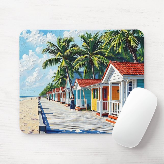 Colorful Tropical Vibrant Beach Huts Mousepad (Mit Mouse)