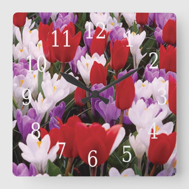 Colorful Tulip Flowers Clock Quadratische Wanduhr (Vorderseite)