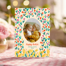 Colorful Tulip Happy Easter Family Photo Greeting