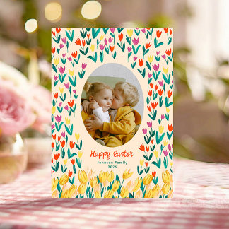 Colorful Tulip Happy Easter Family Photo Greeting Einladung