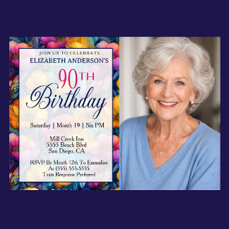 Colorful Vibrant Poppy Flower 90th Birthday Photo Einladung