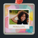 Colorful Watercolor Circles and Dots Name Photo Ornament Aus Metall<br><div class="desc">A sweet,  playful pattern of painted watercolor circles and dots in a rainbow of cute colors,  personalized with your name and photo. Contact me with any questions or requests.</div>