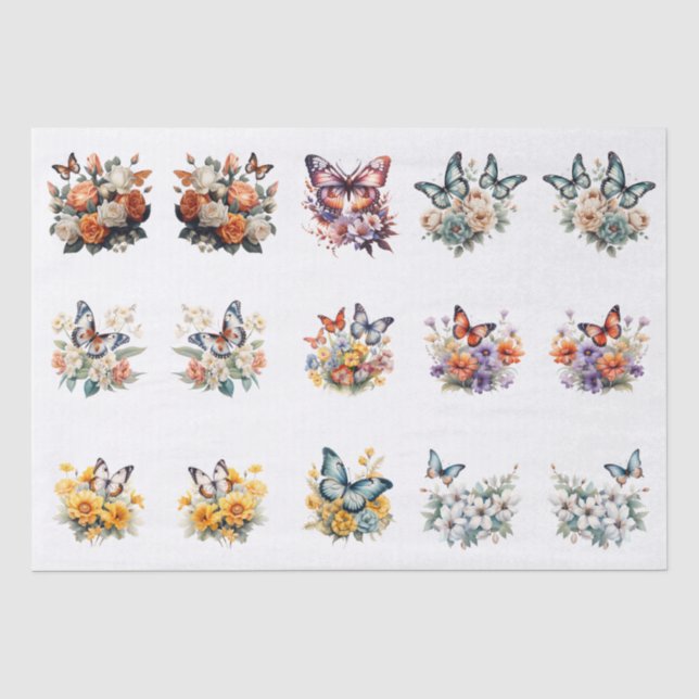 Colorful Watercolor Floral Butterflies Decoupage  Seidenpapier (Vorderseite)