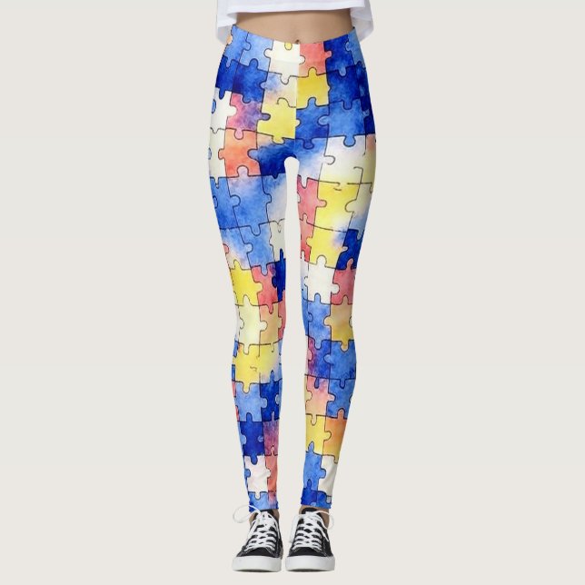 Colorful Watercolor Puzzle Piece Pattern Leggings (Devant)