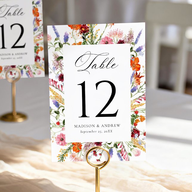 Colorful Watercolor Wildflower Wedding Tischnummer (Von Creator hochgeladen)