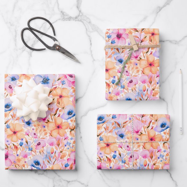 Colorful Watercolor Wildflowers Floral Pattern Geschenkpapier Set (Vorderseite)
