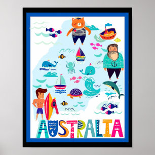 Colorful Whimsical Australia Travel Poster