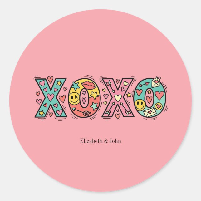 Colorful Whimsical "XOXO" Valentine's Day   Runder Aufkleber (Vorderseite)