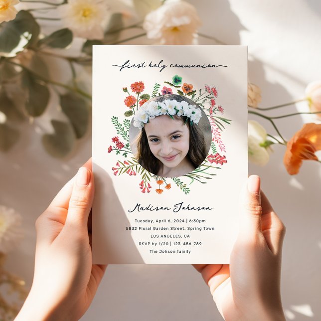Colorful Wildflower First Holy Communion Photo Einladung (Colorful Wildflower First Holy Communion Photo Invitation)