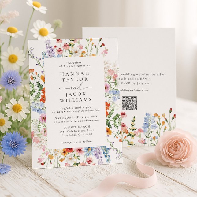 Colorful Wildflower Floral QR Code RSVP Wedding Einladung (Von Creator hochgeladen)