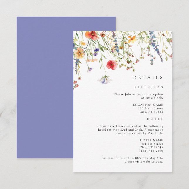 Colorful Wildflower Wedding Details Begleitkarte (Vorne/Hinten)
