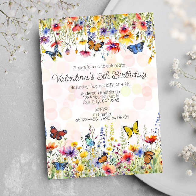 Colorful Wildflowers Butterflies Girl's Birthday Einladung (Von Creator hochgeladen)