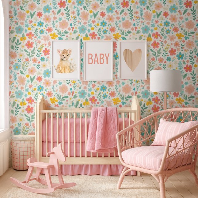 Colorful  Wildflowers  Floral Wallpaper Tapete (A charming baby nursery featuring a joyful & fresh color palette, with a focus a stunning wallpaper)