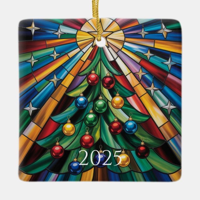 Colorful Winter Wonderland Stained Glass Design Keramikornament (Vorderseite)