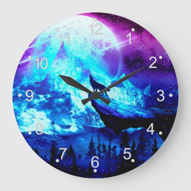 Colorful wolf howling große wanduhr (Vorderseite)