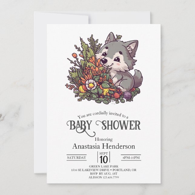 Colorful Woodland Wolf Baby Dusche Einladung (Vorderseite)