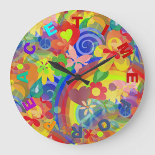 Colors of Flower Power + clock face Große Wanduhr