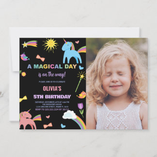 Colors Unicorn Geburtstag Einladung mit Foto