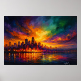 Colorstorm Metropolis Abstract Skyline at Dusk Poster