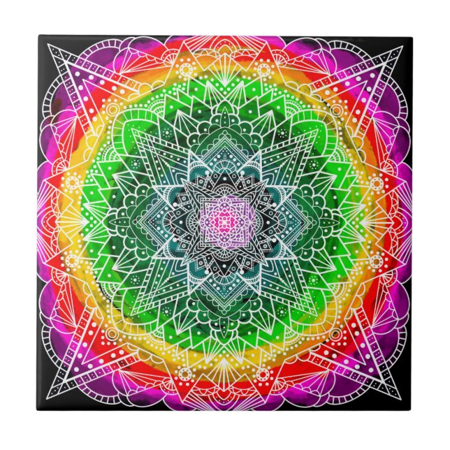 Colour burst Rainbow Prism Mandala Fliese (Vorderseite)