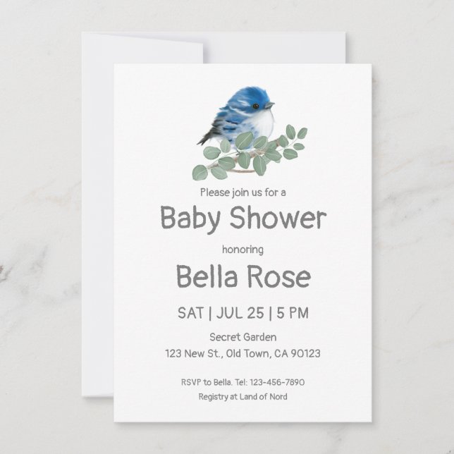 Colour Me Blue Bird Baby Shower Einladungen (Vorderseite)