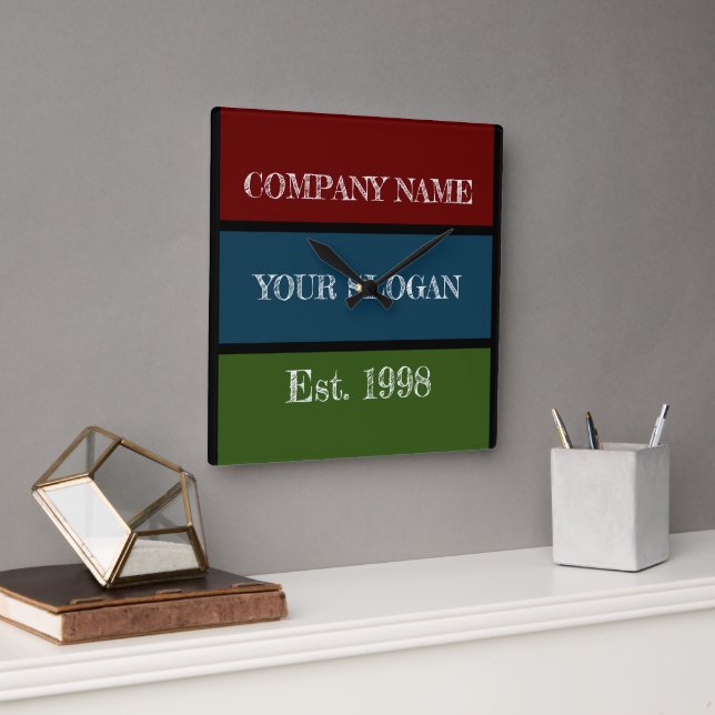 Coloured Block Style Company Name Quadratische Wanduhr (Büro)