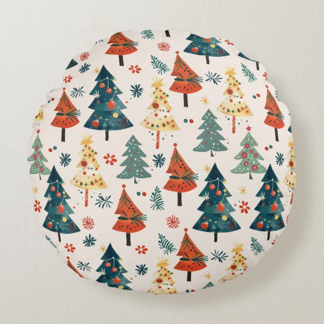 Colourful Christmas Pine Trees Seamless Pattern Rundes Kissen (Vorderseite)