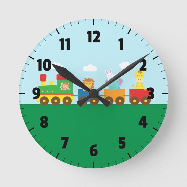 Colourful Cute Animals Train for Kids Bedroom Runde Wanduhr (Vorderseite)