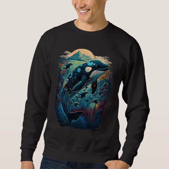 Colourful mystical orca whale watching dolphin pot sweatshirt (Vorderseite)