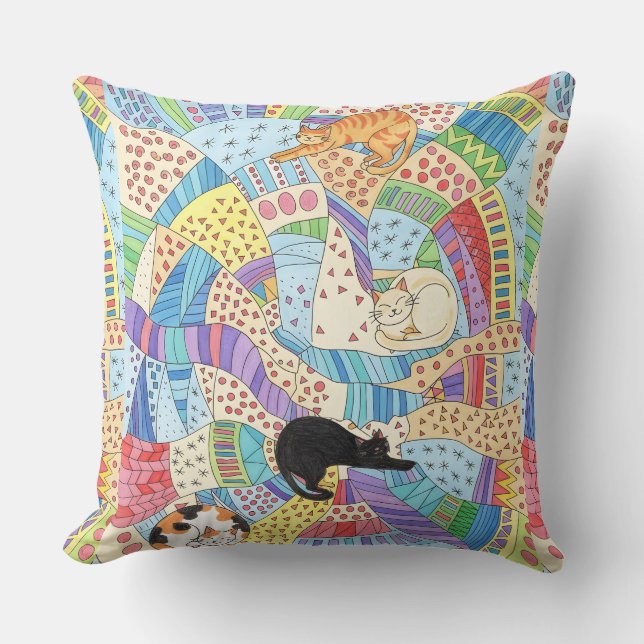 Colourful Patchwork Catnap Doodle Kissen (Vorderseite)