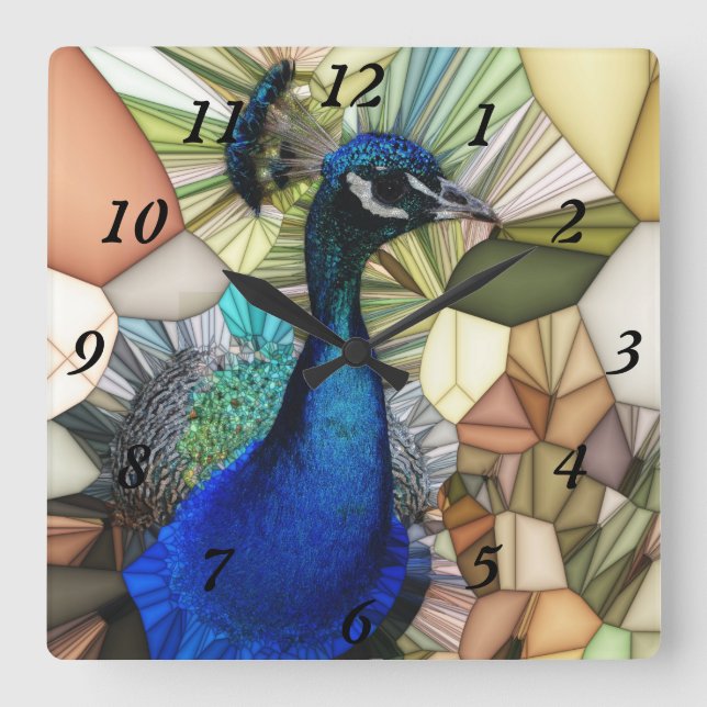 Colourful Peacock Mosaic Clock Quadratische Wanduhr (Vorderseite)