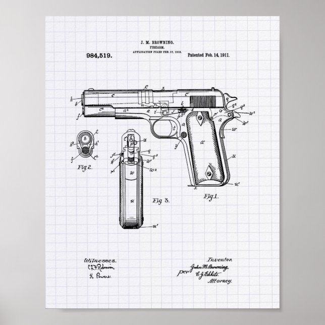 Colt .45 1911 Patent Art - Lined Peper Poster (Vorne)