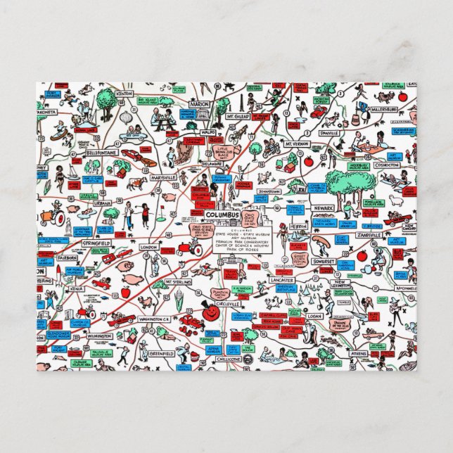 Columbus Springfield Newark retro 60s cartoon map Postkarte (Vorderseite)