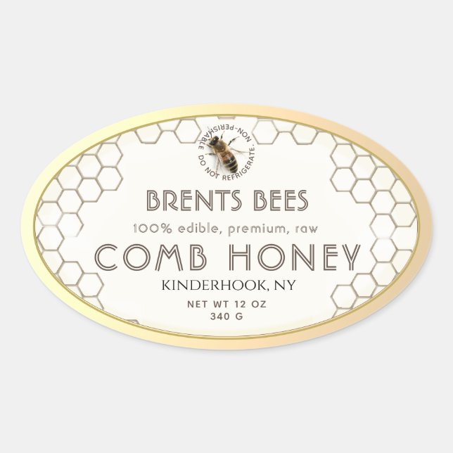 Comb Honey-Label mit Bee Honeycomb Gold Edge Ovaler Aufkleber (Vorderseite)