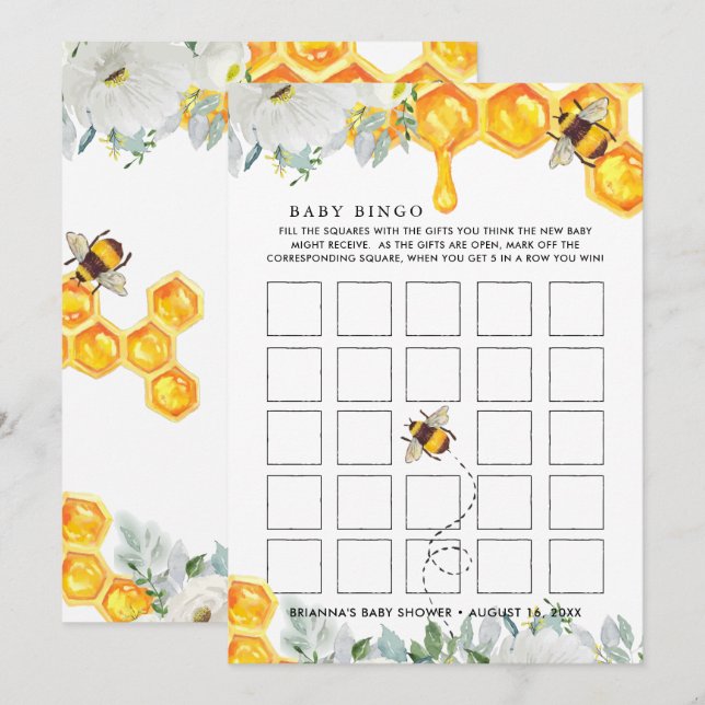 Combe de miel floral | Carte de bingo Baby shower  (Devant / Derrière)