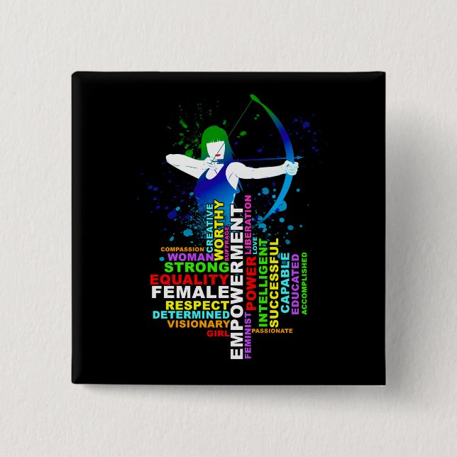 Combo Female Archer und Strong Women Word Cloud Button (Vorderseite)
