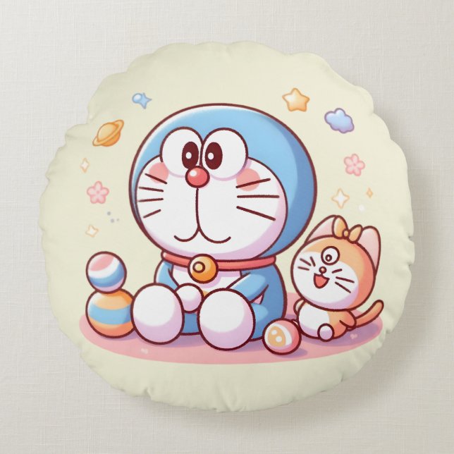 Come Come Cat And Doraemon Rundes Kissen (Vorderseite)