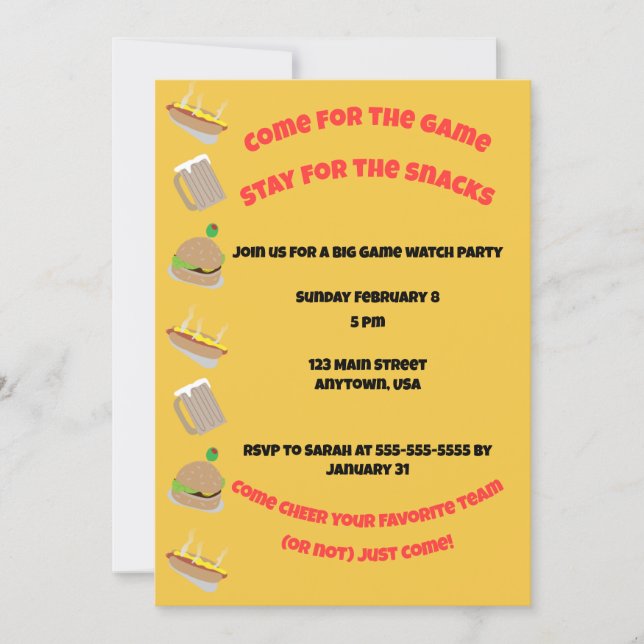 Come for the Game, Stay for the snacks Invitation Einladung (Vorderseite)