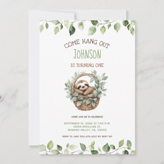 Come Hang Out Sloth Party Birthday  Einladung (Vorderseite)