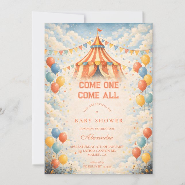 Come One Come All Circus Baby Shower Einladung (Vorderseite)