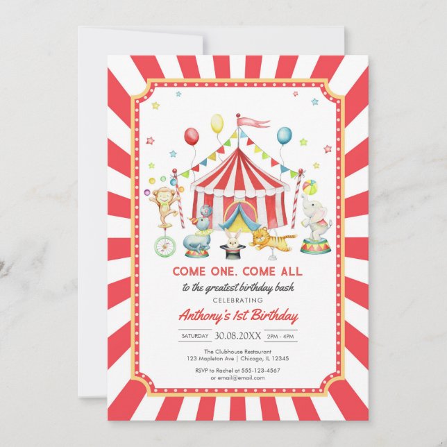 Come One Come All Circus Boy Birthday Invitation Einladung (Vorderseite)