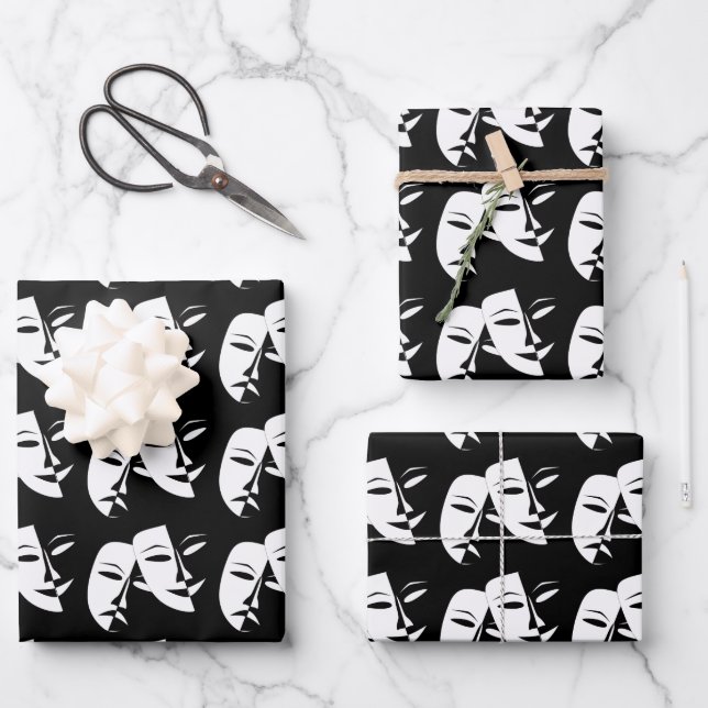 Comedy Tragedy Black and White Theater Maske Geschenkpapier Set (Vorderseite)