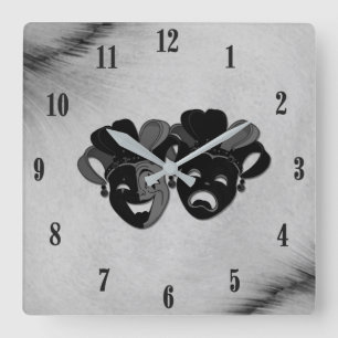 Comedy und Tragedy Theater Jester Masks Silver Quadratische Wanduhr