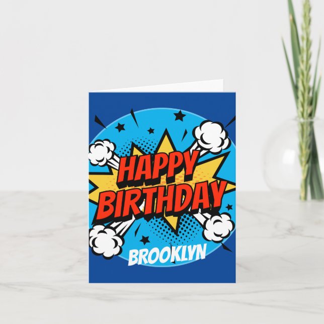 Comic Art Birthday Boy Typografie Karte (Vorderseite)