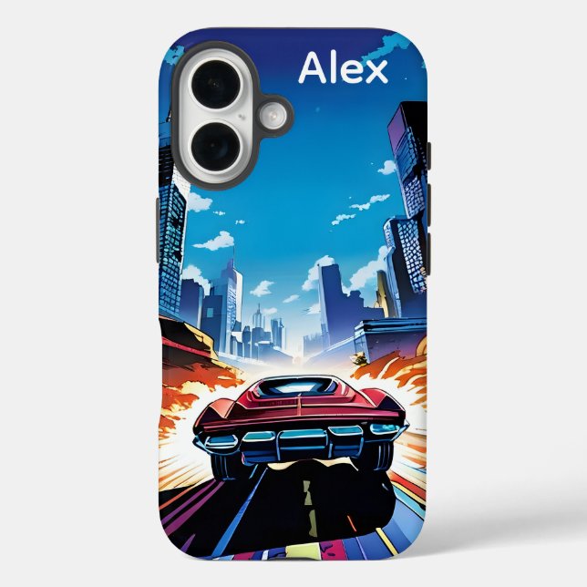 Comic-Book-Auto fährt schnell Personalisiert iPhone 16 Hülle (Rückseite)