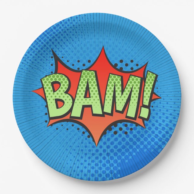 Comic Book BAM! auf blauem Hintergrund Pappteller (Vorderseite)