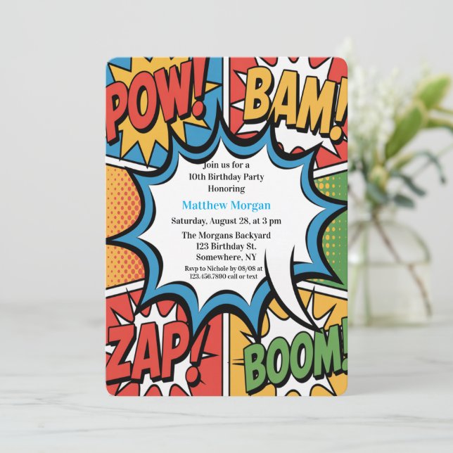 Comic Book Pop Art Boy Birthday Party White Einladung (Stehend Vorderseite)