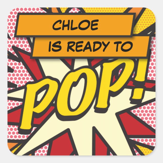 Comic Book Ready to POP! Babydusche Sprinkle Quadratischer Aufkleber (Vorderseite)